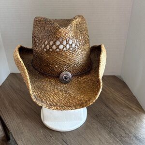 Straw Cowboy Hat with Concho Accent - Brown